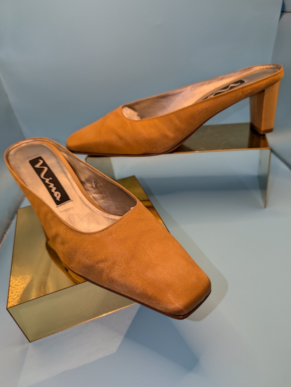 Nina Cognac Tan Square-Toe Slip-On Block Heel Mules